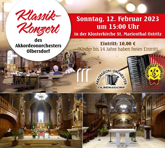 Klassik-Konzert im Kloster St. Marienthal, mit dem Akkordeon-Orchester Olbersdorf, am Sonntag, 12.02.2023, ab 15 Uhr, in unserer Klosterkirche