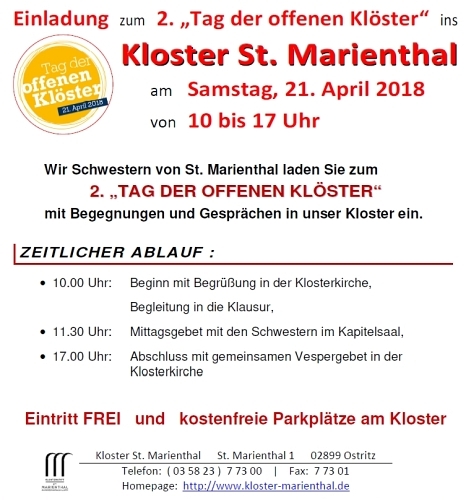 WIR laden SIE in unser Kloster ein - am ''Tag der offenen Klöster' am Samstag, den 21.04.2018, von 10 bis 17 Uhr