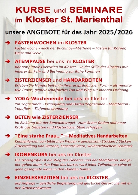 die Übersicht über unsere Kurse und Seminare im Jahr 2025 bei uns im Kloster St. Marienthal