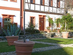 Blick in den Garten der Bibelpflanzen im Kloster St. Marienthal