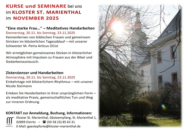 Kurse und Seminare im Monaten November 2025 bei uns im Kloster St. Marienthal