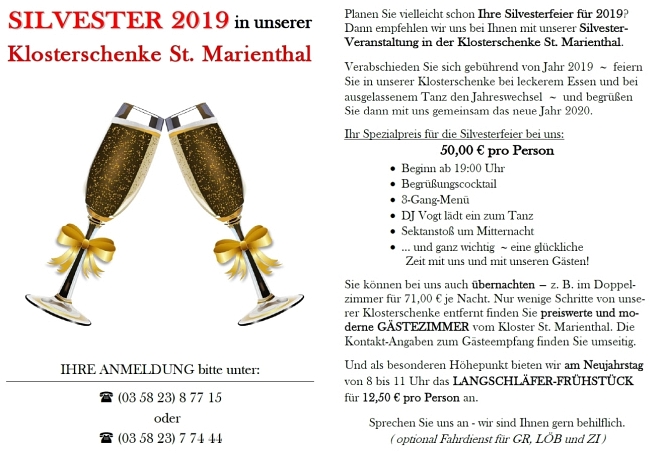 unsere Einladung zur Silvesterveranstaltung 2019 in unserer Klosterschenke St. Marienthal