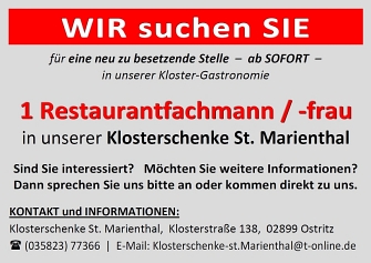 WIR suchen SIE als Restaurantfachmann oder Restaurantfachfrau in unserer Klosterschenke St. Marienthal